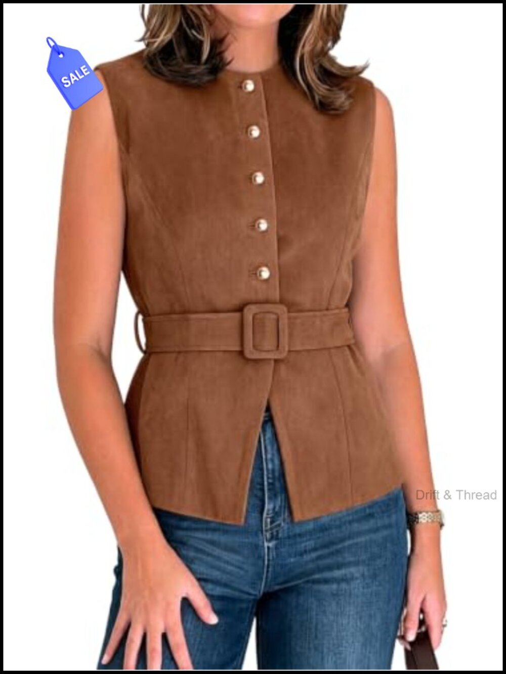 Faux Suede Button Down Vest Sleeveless Belted Business Casual Layering Top